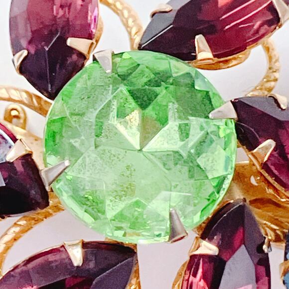 VTG Signed Judy Lee Mid Century Brooch Blue Red Green Rhinestones Sparkly Pin - Picture 4 of 11